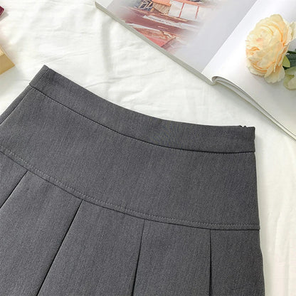 ZOKI  Vintage Gray Pleated Skirt Women Kawaii High Waist Mini Skirts Korean Fashion School Uniform Harajuku Streetwear Spring
