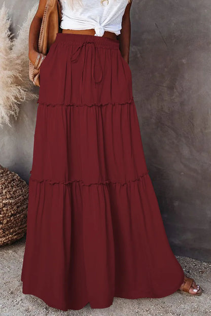Women's Spring  Autumn New Long Skirt Solid Color Fashionable Mushroom Layered Skirt High Waist Elastic Ruffle Skirt