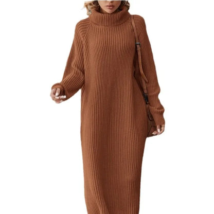 Winter New Women's Fashion Temperament Elegant Slim Fit Coat Long Woolen Dress Loose Casual High Neck Knitted Dress