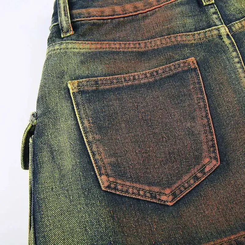 DEAT Women's Denim Skirts Tie-dye Green Irregular Spliced Multiple Pockets Cargo Mini Skirt 2025 Summer New Fashion 29L3411