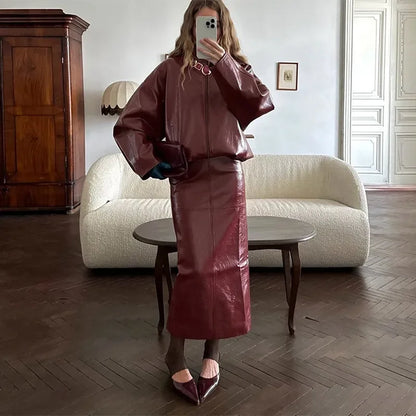 Leather Fashion Jacket Skirt Sets Women Zipper Loose Street Stand Collar Coats Straight Midi Skirts Suits 2025 Autumn Party Chic