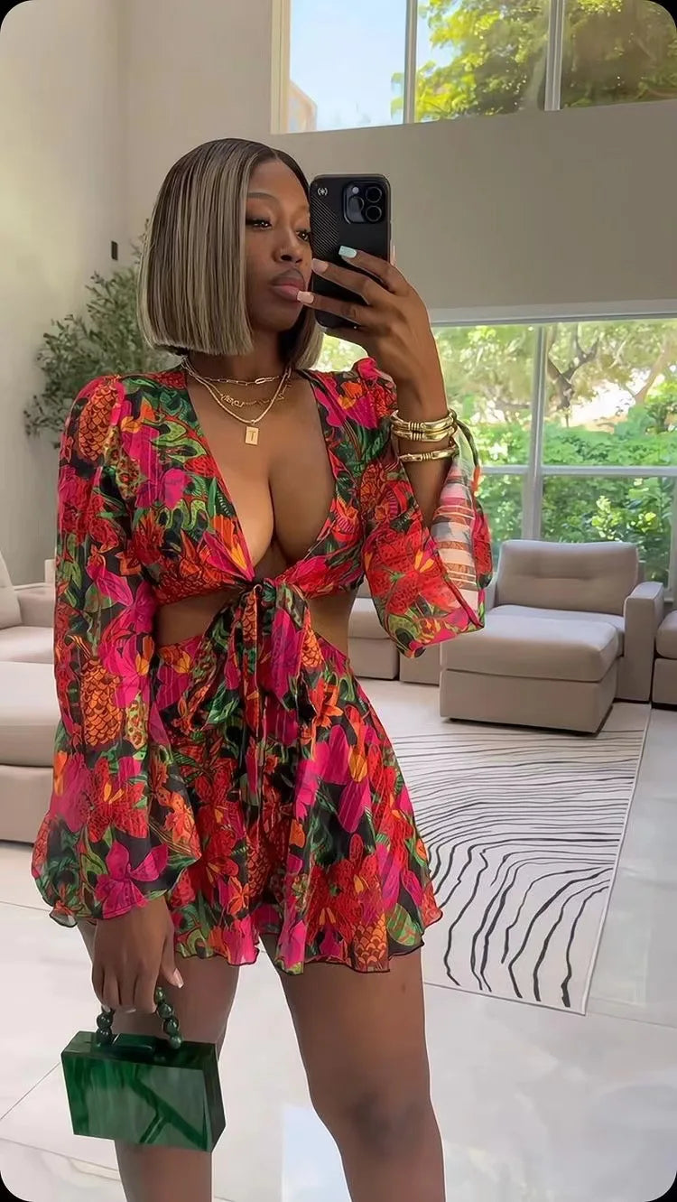 Two Piece Sets Women Skirt Set Print Floral Matching Sets V Neck Flare Sleeve Top Short Skirts Dress Sets Lace Up High Waist