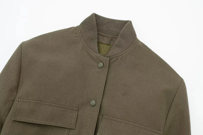 Women Fashion with Pockets Cropped Bomber Jacket Coat Vintage Long Sleeve Front Button Female Outerwear Chic Tops y2k clothes