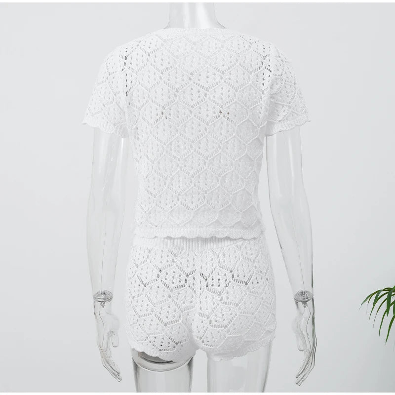 Sexy Women Crochet Hollow Out Patchwork Top Suits Fashion Round Neck Cardigan Crop Shorts Sets Summer Female Beach Party Outfit