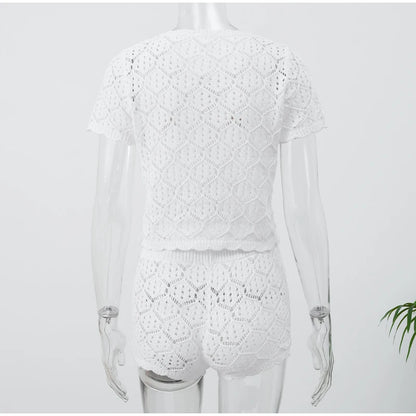Sexy Women Crochet Hollow Out Patchwork Top Suits Fashion Round Neck Cardigan Crop Shorts Sets Summer Female Beach Party Outfit