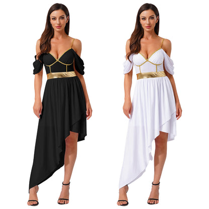Womens Ancient Greek Costume Halloween Roman Queen Cosplay Dress Metallic Shiny Off Shoulder Sling Carnival Roleplay Dress Up