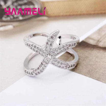 Newest Original 925 Sterling Silver Color Adjustable Ring Big Starfish Paved Shiny White Crystals Opening Rings Women Accessory