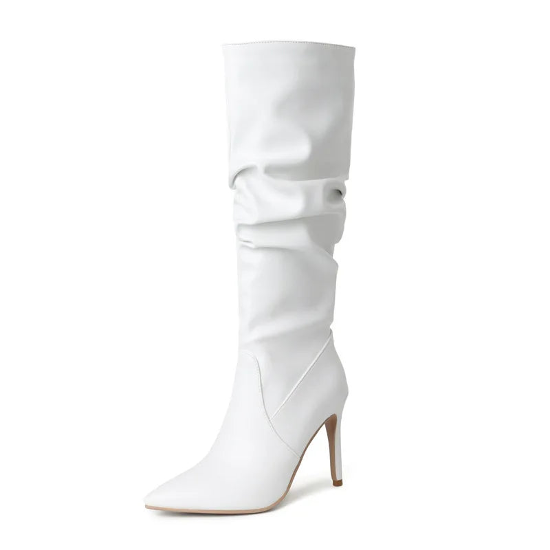 2025 Winter Knee Boots With Heels Woman 10CM Stiletto Fashion Slip on Pointy Autumn Shoes Women Soft Leather Pleated Long Boots