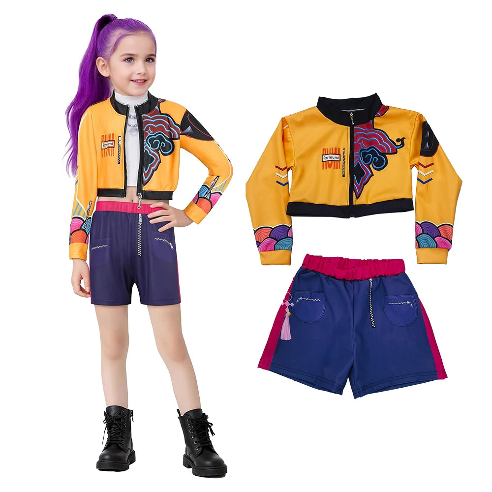 Zoey Rumi kids costume yellow cropped jacket and navy pink shorts with dragon print for girls
