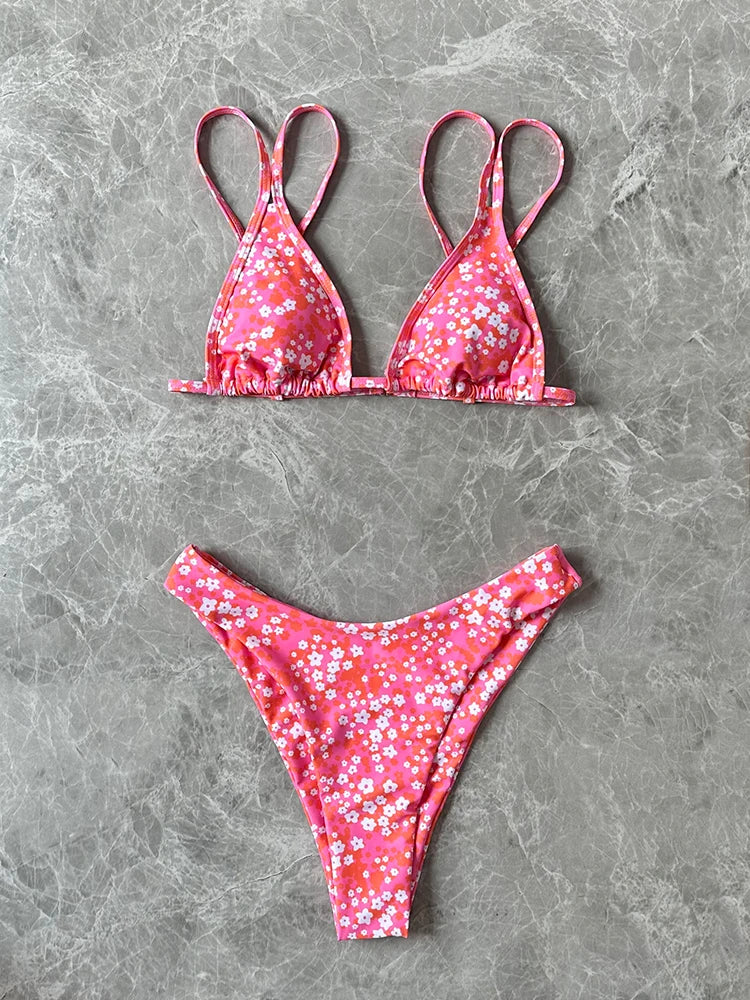 2024 New Sexy Low Waist Bikini Set Two Piece Swimwear Women Swimsuits Print Floral Strappy Bathing Suit Beach Wear biquini Mujer