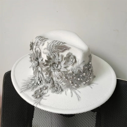 Embroidered three-dimensional flower fedora hat Women's jazz top hat Spring and autumn panama church fashion elegant wedding Hat