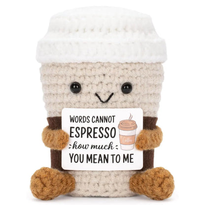 Funny Handwoven Positive Energy Coffee Cup Support Emotional Home Room Decoration Plush Knitting Doll Birthday Christmas Gift