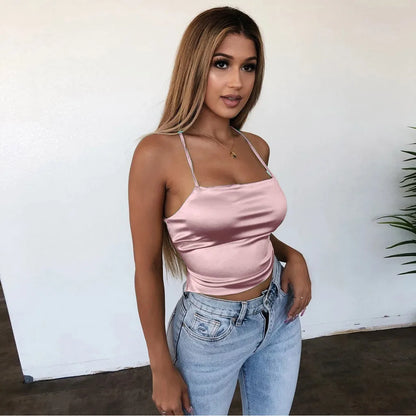 Slim Backless Crop Tops Soft Ice Silk Sexy Camisole Women's Club Party Bandage Camis Y2k Sexy Tank Tops Blusas Ropa De Mujer