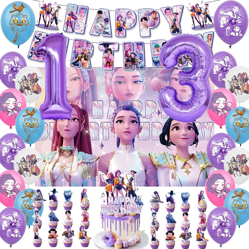 Demon Hunters Party Cutlery Set Banner Backdrop Balloons Cake Topper Outdoor Picnic Supply Birthday for Korean Kpop Anime Party