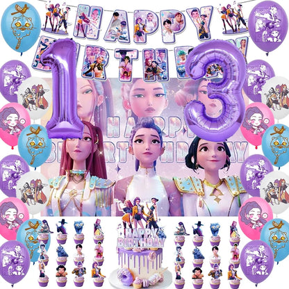 Demon Hunters Party Cutlery Set Banner Backdrop Balloons Cake Topper Outdoor Picnic Supply Birthday for Korean Kpop Anime Party