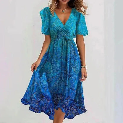 Elegant Sexy V Neck Floral Chiffon Mini Skirt Ladie Summer High-waisted Short Sleeve A-Line Bohemian Dress Evening Dress