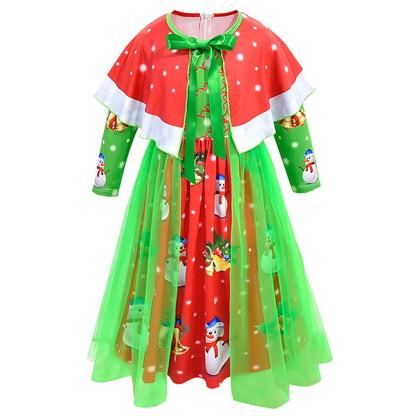 Toddler Kids Girls Cute Infant Christmas Cartoon Prints Costume Cosplay Party Dresss Shawl Outfits Children Xmas Fancy Dress Up
