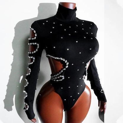 rhinestHollow Out Sexy Black Women Bodysuit pants Sets Long Sleeve Turtleneck Bodysuits Clubwear Costumes Stars Hot Singer Stage