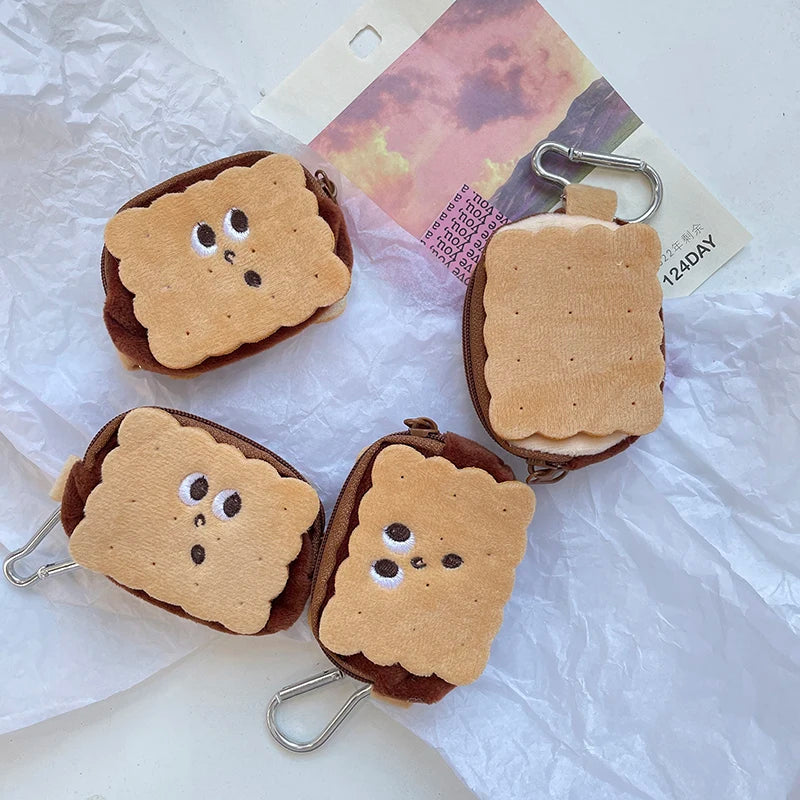 Kawai Biscuit Coin Bags Purse Plush Cake Headphone Organizer Bag Keys Cards Storage Bags Kids Birthday Gifts Schoolbag Pendants