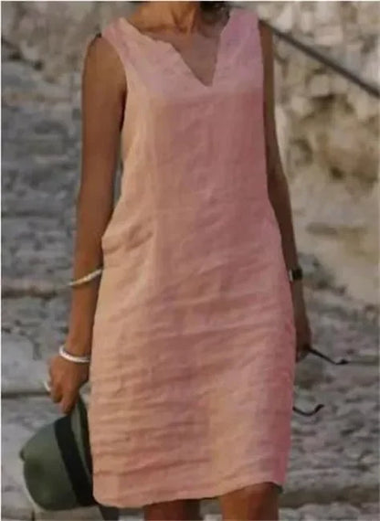 New Pure Color V-Neck Sleeveless Large Size Casual Linen Dress Comfortable Breathable Women's One-Piece Summer Dresses