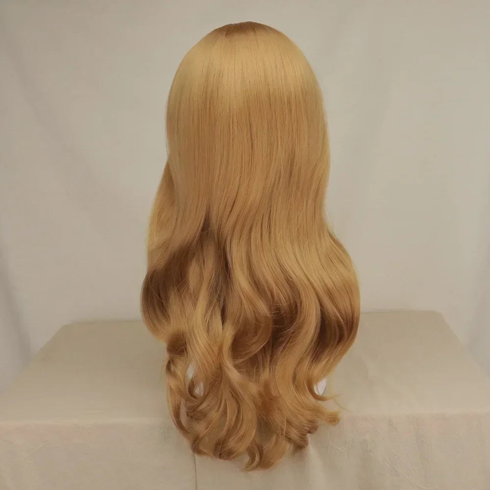 Blonde wig with long, wavy hair perfect for M3GAN cosplay costume for kids