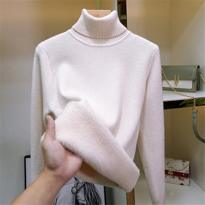 Sweater For Women Winter Thicken Turtleneck Slim Knit Pullover New Warm Plush Velvet Lined Knitwear Jumper Tops Casual Poleras