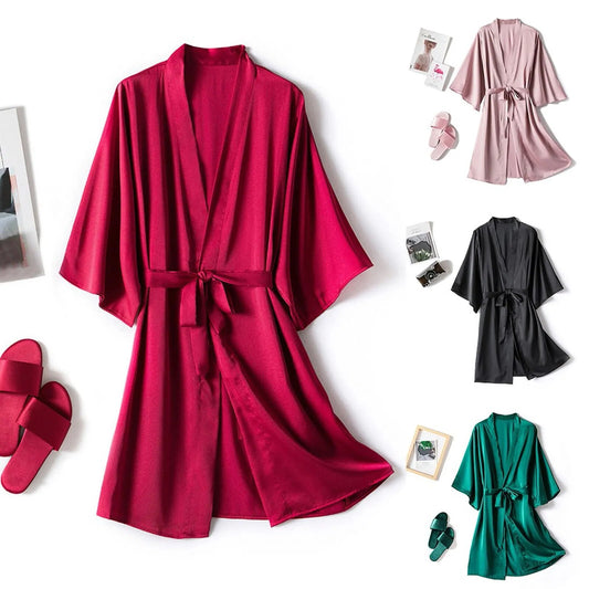 New Women Night Gown Robesatin Silk Pajamas Bathrobe Satin-silk Kimono Women Sexy Sleepwear Dresses With Belt