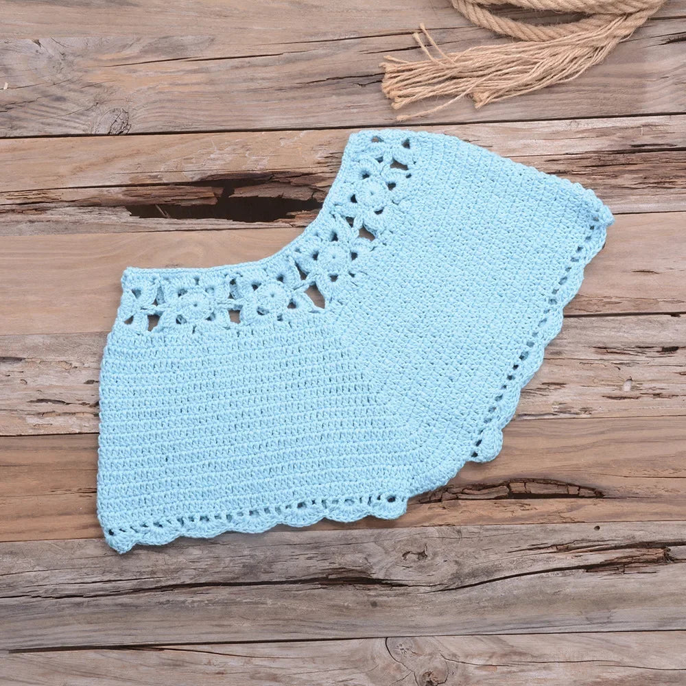 Sexy Hollow out Hooked Bikini Set Short Style Beachwear Pure Color Vacation Cover up Beach Clothes Women's Fashion Swimwear