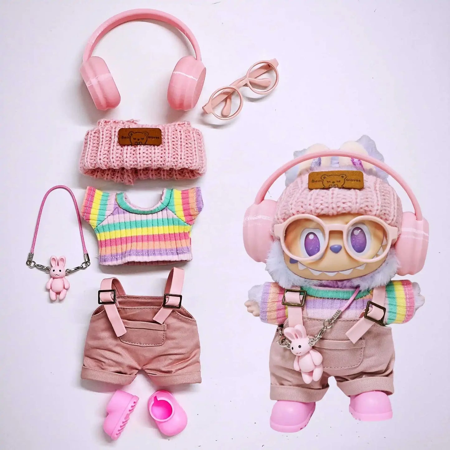 labubu clothes Pink overalls, colorful headphone sets, rainbow-colored pleated skirt clothing, labubu accessories (no dolls)