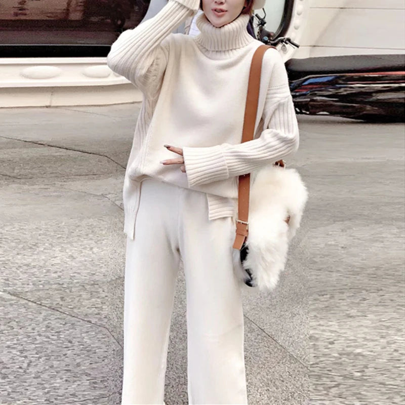 Autumn Winter 2 Pieces Women Sets Knitted Tracksuit 2025 New Turtleneck Sweater and Wide Leg Jogging Pant Pullover Suits