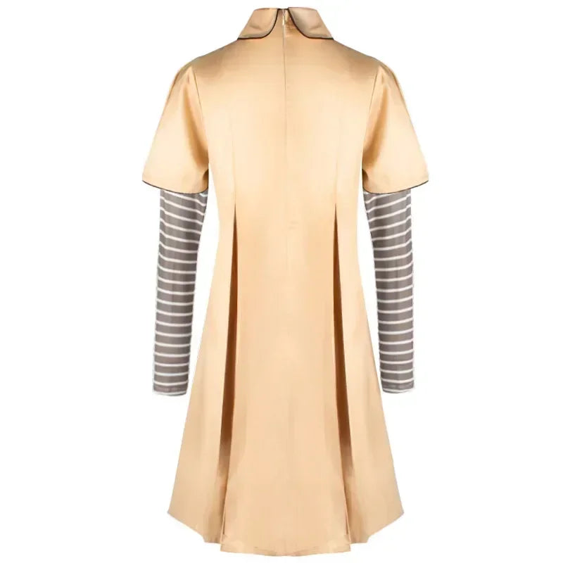 Back view of M3GAN cosplay costume for kids featuring a beige dress and striped sleeves