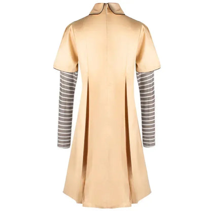 Back view of M3GAN cosplay costume for kids featuring a beige dress and striped sleeves