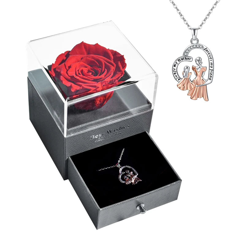 New Fashion Pendant Necklace In Rose Flower Jewelry Gift Box Preserved Rose Necklace Set Wedding Christmas Gift for Girlfriend