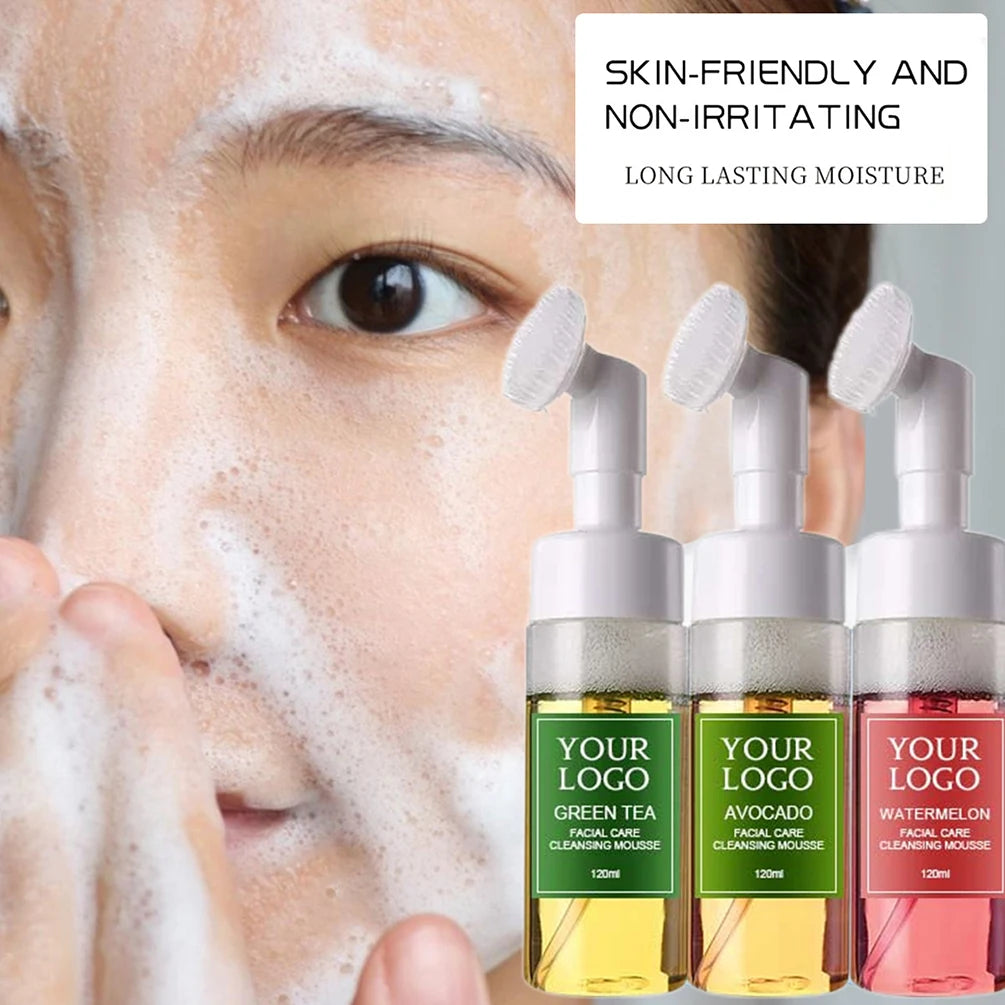 120ml Custom Logo Face Wash Private Label with Brush Avocado Watermelon Green Tea Cleansing Mousse Liquid Face Clean Makeup Milk