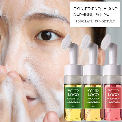 120ml Custom Logo Face Wash Private Label with Brush Avocado Watermelon Green Tea Cleansing Mousse Liquid Face Clean Makeup Milk