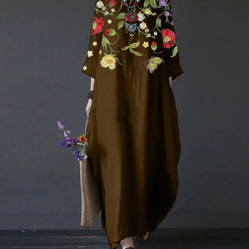 Elegant Boho Loose Swing Maxi Dress Retro Art Print 3/4 Sleeve Pocket Long Dress Casual O-Neck Office Lady Pullover Dress Mujer