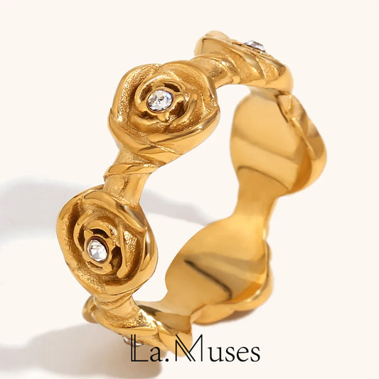 La. Muses White Cubic Zirconia Rose Stainless Steel Women's Ring Romantic Fashion Waterproof Jewelry Accessories Christmas Gift