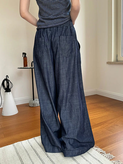 [LANMREM] Vintage Elastic High Waist Jeans For Women Straight Wide Leg Denim Pants Sunscreen Trousers 2024 Summer New 26D9421