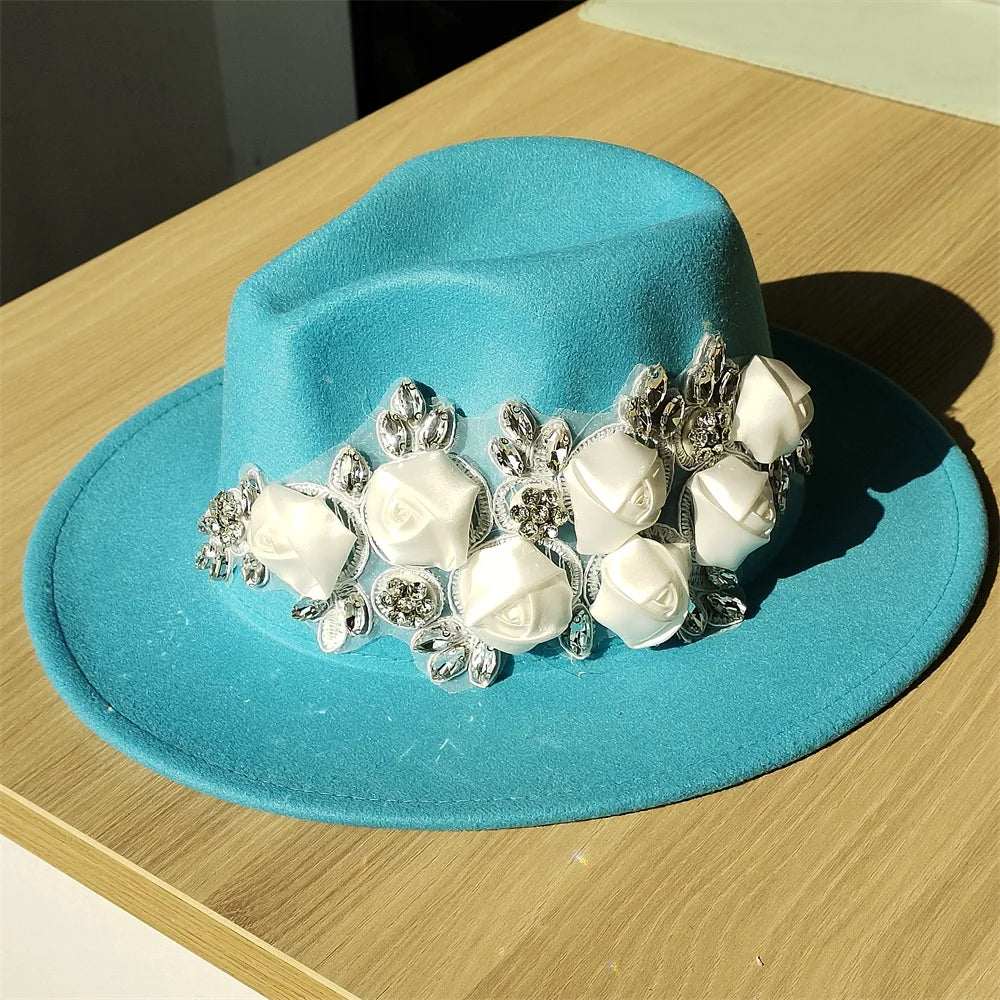 Embroidered three-dimensional flower fedora hat Women's jazz top hat Spring and autumn panama church fashion elegant wedding Hat