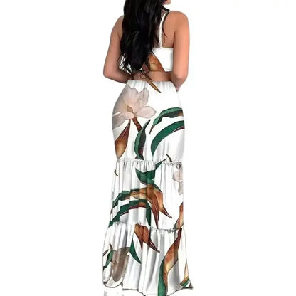 Women's Summer New Elegant Print Fashion Floral Sexy Backless Boho Maxi Ruffle Hollow Out Long Slim Beach Suspender Sheath Dress