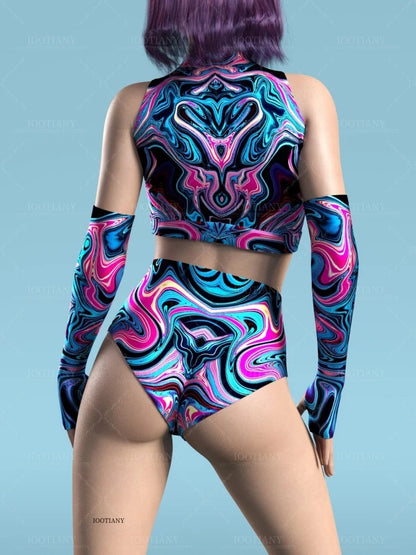 Adult Sleeveless Multicolor Role Play Bodysuit Swimsuit Women Sexy Hollow Off Shoulder Graffiti Art Bodycon Performance Costume