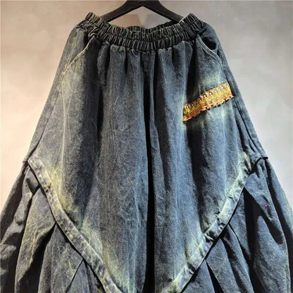 DEAT Personality Loose Denim Pants For Women 2025 Spring New Item High Elastic Waist Big Size Splicing Jeans Female 11A02417