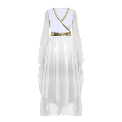 Women Halloween Ancient Greek Goddesses Queen Cosplay Costume Roman Toga Gold Trim Cape Tunic Dress Church Choir Worship Robe