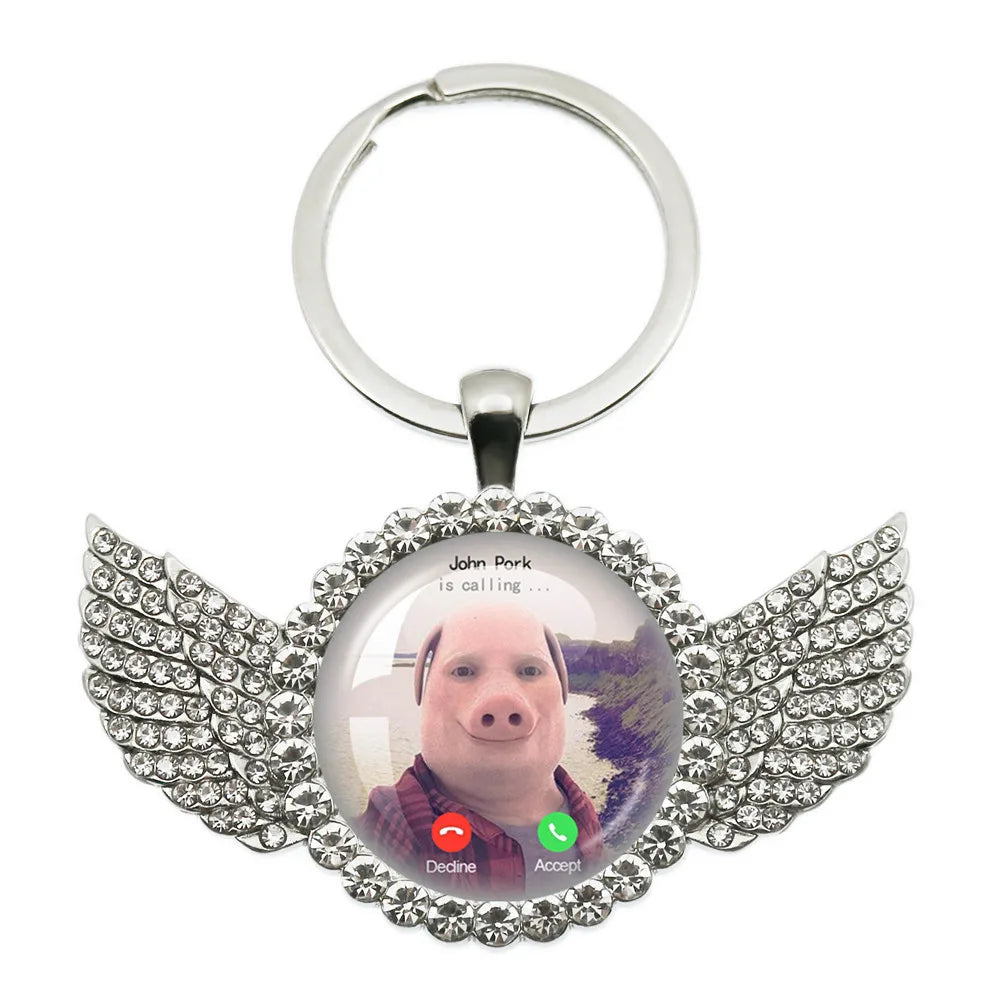 New John Pork Is Calling Answer Call Phone Humor Funny Pig Lover Graphic Meme Glass Dome Pendant Cabochon Keychain Jewelry Gifts