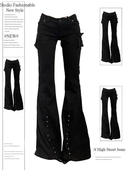 Women Dark Academia Goblin Core Long Trousers Gyaru Goth Low Rise Flare Pants Y2K Streetwear Stretch Japanese Harajuku Grunge