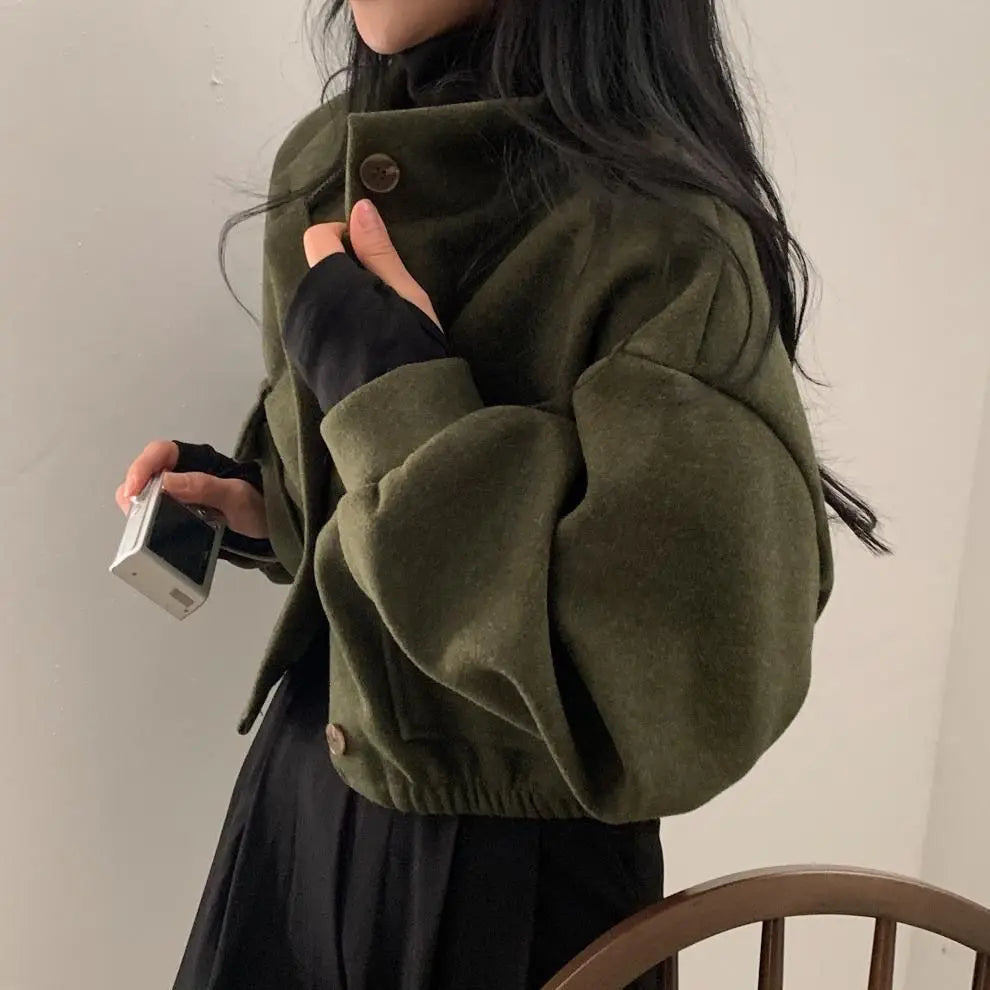 Autumn and Winter Loose Wool Coat for Women's Pocket Stand Collar Top Long Sleeve Button Hong Kong Style Wool Coat