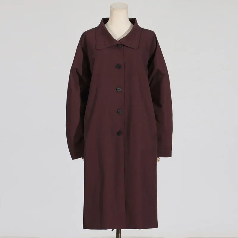 EtherealBe simple style long sleeve trench coat in burgundy with a classic button closure