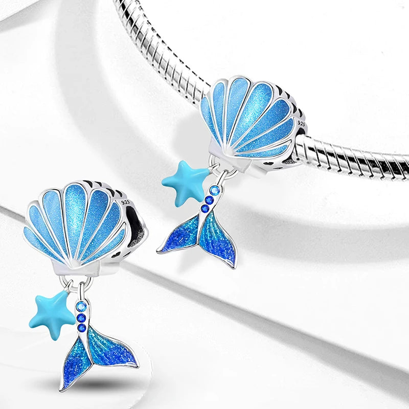 925 Sterling Silver Jellyfish Seahorse Blue Ocean Series Charms Beads Fit Diy Bracelet Making Gift of Fine Jewelry for Womens