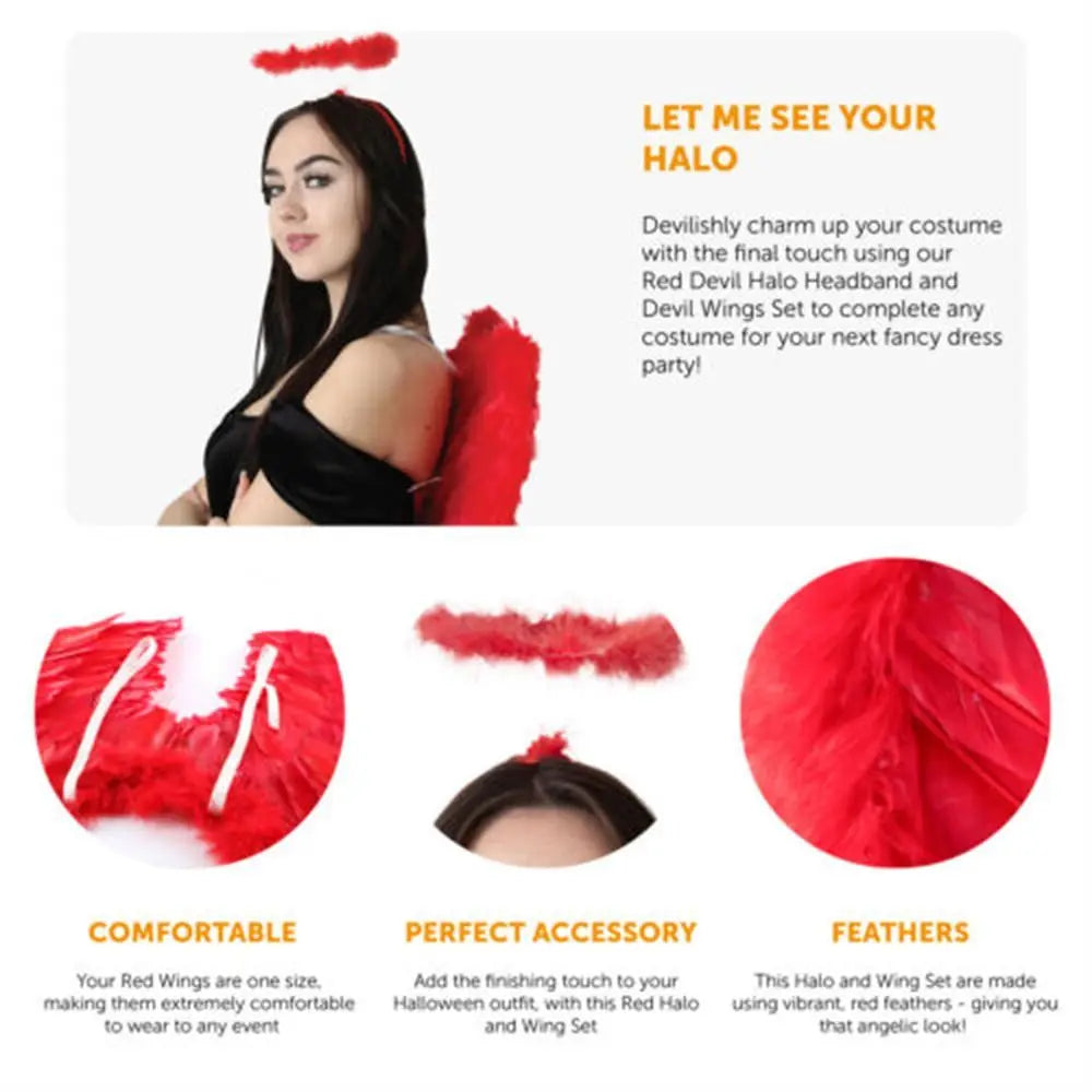 EtherealBe angel wings halo costume set featuring red feather wings and a matching halo for festive dress-up
