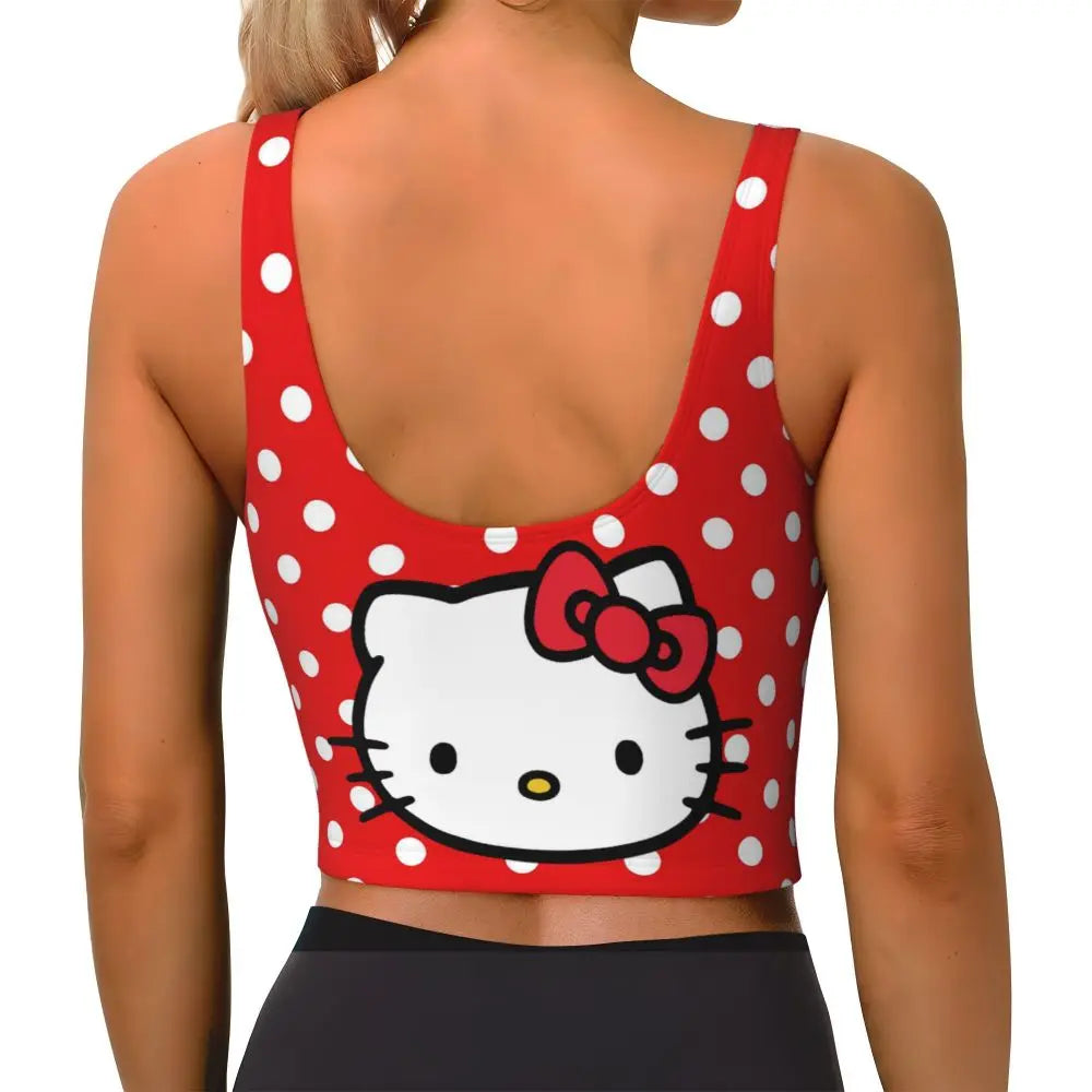 Red Hello Kitty sports bra for women featuring white polka dots and a cute graphic design